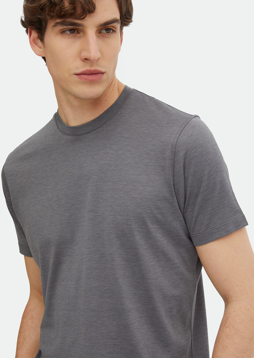 Grey Plain Crew Neck Silk Blended T-Shirt - 3