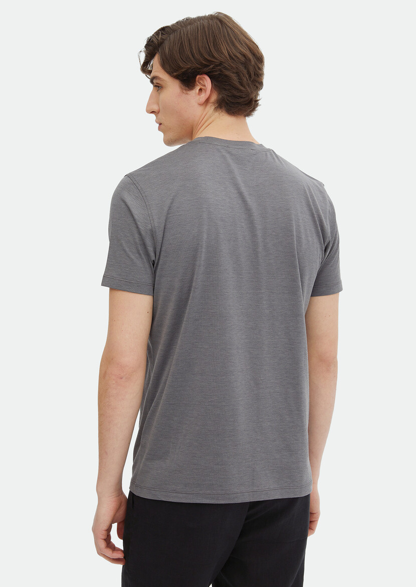 Grey Plain Crew Neck Silk Blended T-Shirt - 4