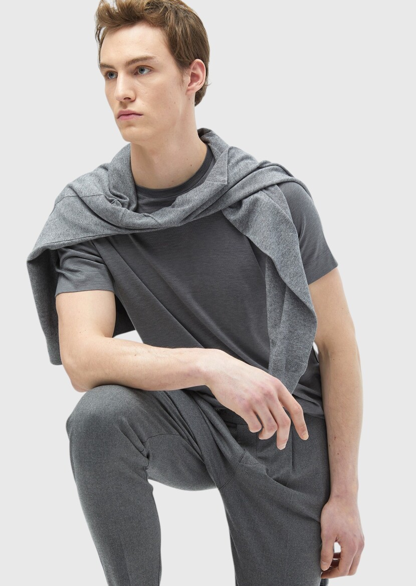 Grey Plain Crew Neck Silk Blended T-Shirt 