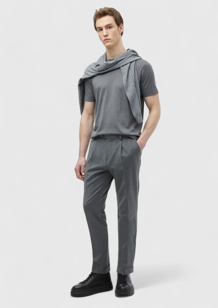 Grey Plain Crew Neck Silk Blended T-Shirt - 3