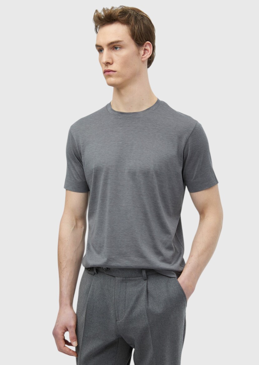 Grey Plain Crew Neck Silk Blended T-Shirt - 4