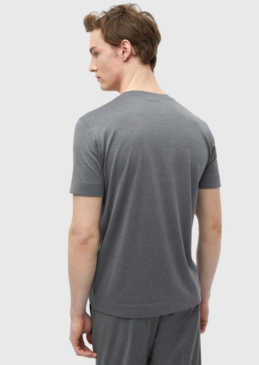 Grey Plain Crew Neck Silk Blended T-Shirt - 8