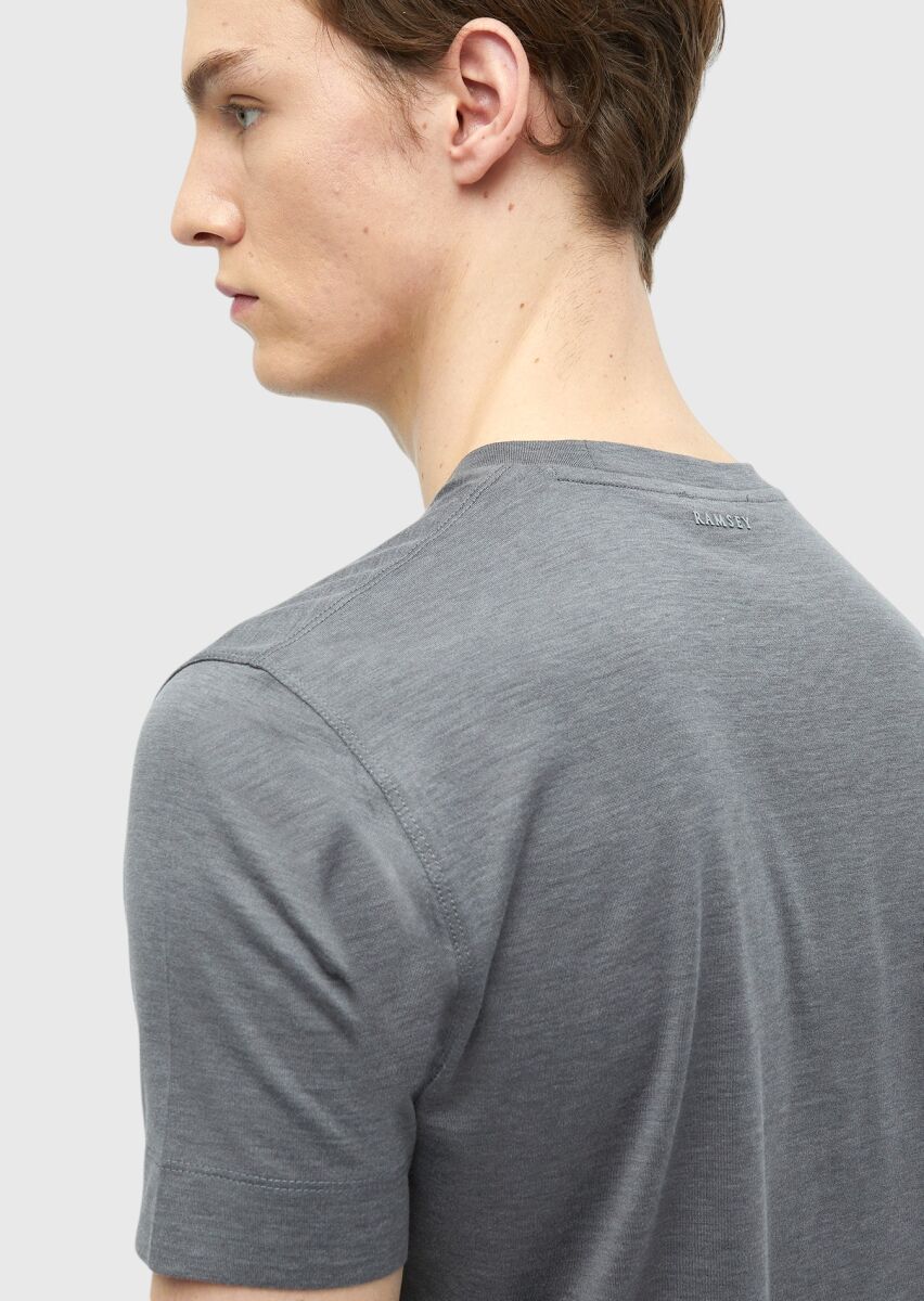 Grey Plain Crew Neck Silk Blended T-Shirt - 7