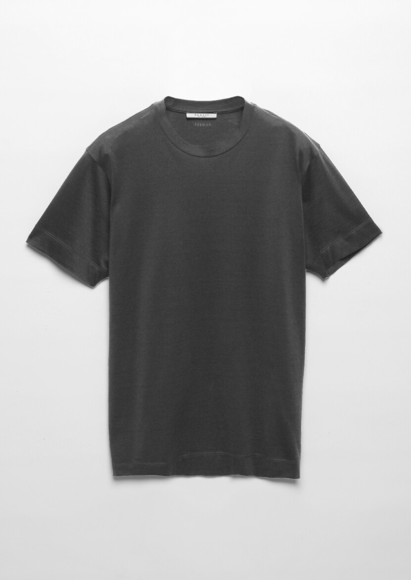 Grey Plain Crew Neck Silk Blended T-Shirt - 9