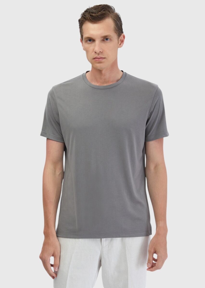 Grey Plain Crew Neck T-Shirt - 3