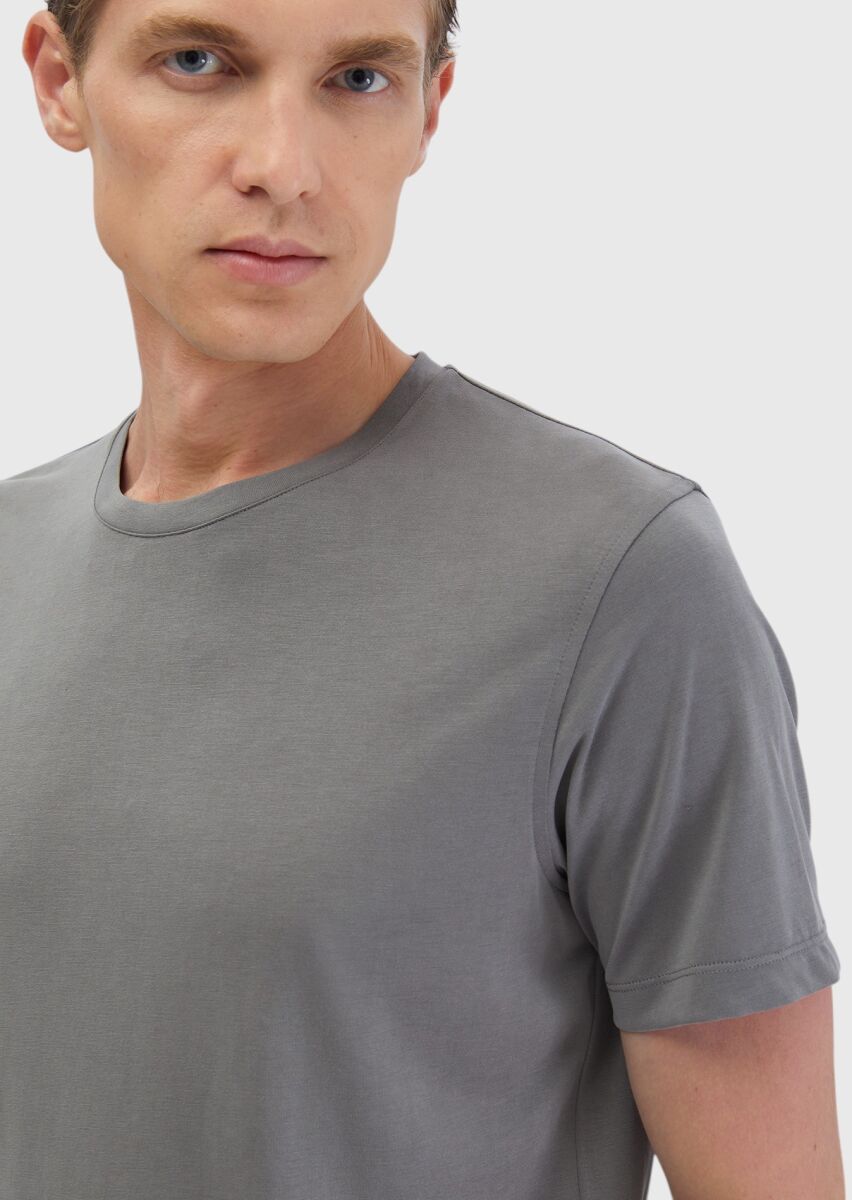 Grey Plain Crew Neck T-Shirt - 4