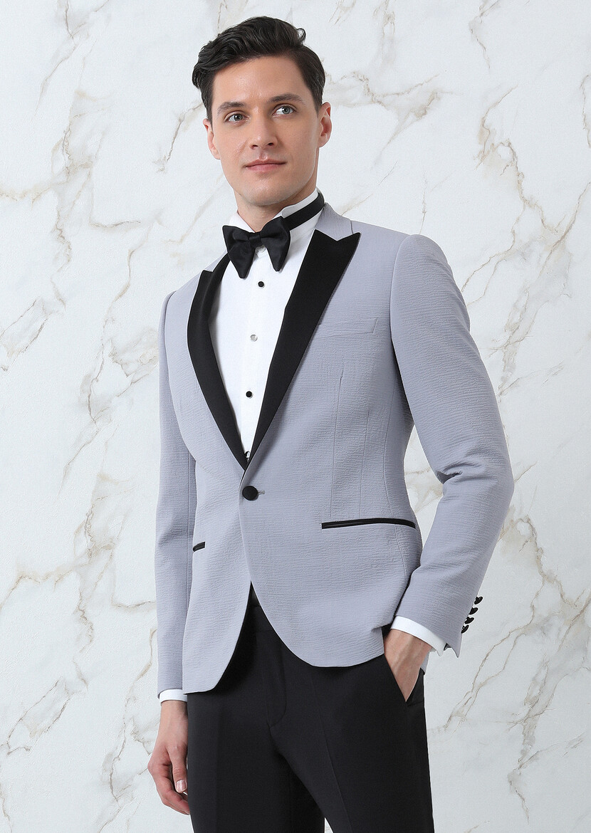 Grey Plain Fashion Slim Fit Double Breasted Collar Weaving Tuxedo - 1