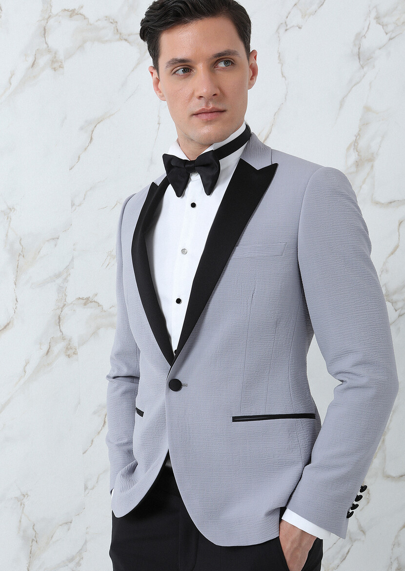 Grey Plain Fashion Slim Fit Double Breasted Collar Weaving Tuxedo - 3