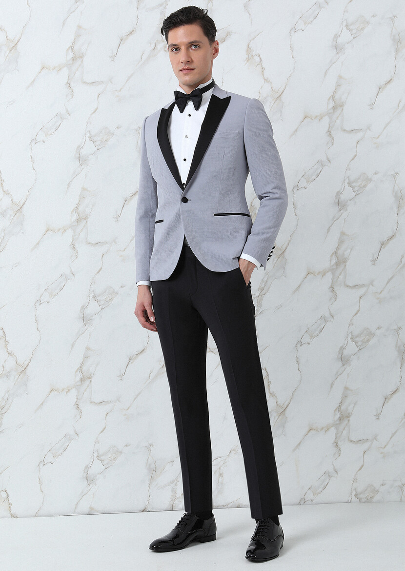 Grey Plain Fashion Slim Fit Double Breasted Collar Weaving Tuxedo - 4