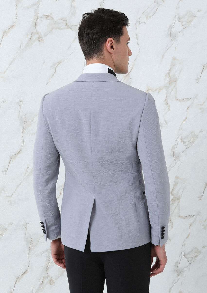 Grey Plain Fashion Slim Fit Double Breasted Collar Weaving Tuxedo - 5