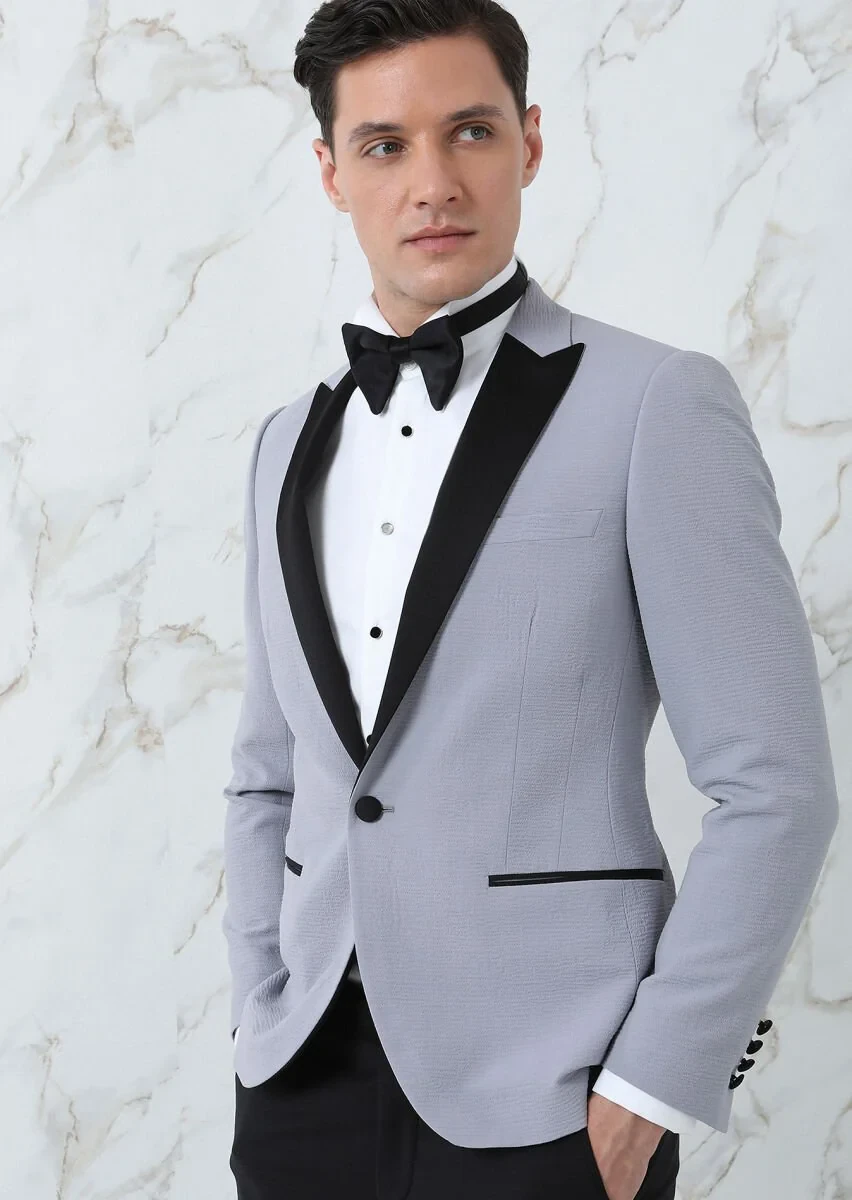 Grey Plain Fashion Slim Fit Double Breasted Collar Weaving Tuxedo - 3