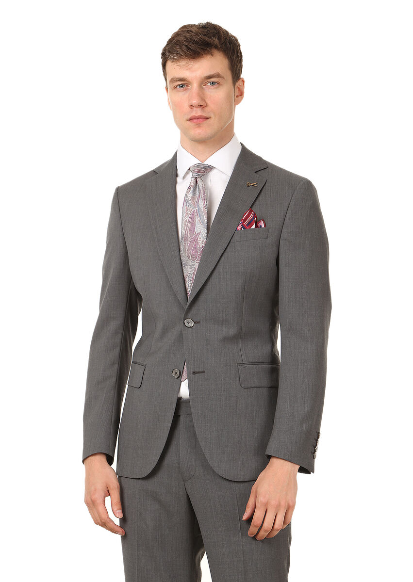 Grey Plain Modern Fit 100% Wool Suit - 1