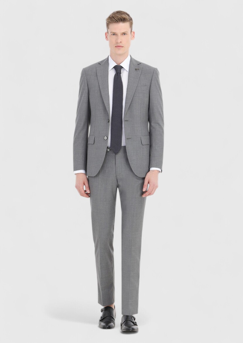 Grey Plain Modern Fit 100% Wool Suit - 1