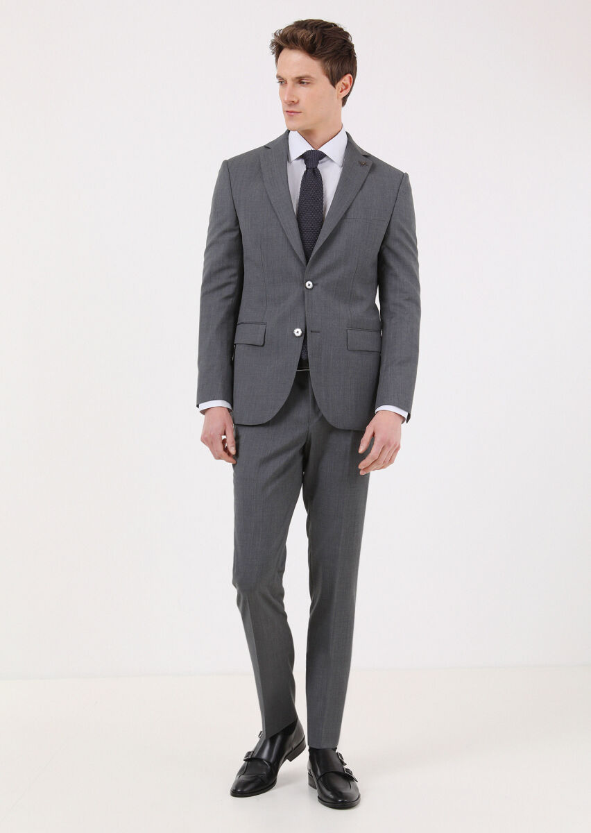 Grey Plain Modern Fit 100% Wool Suit - 1