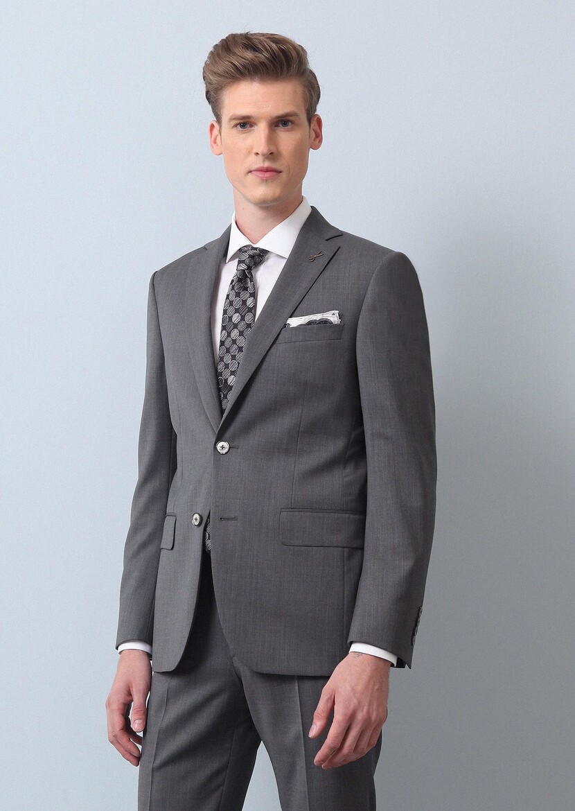 Grey Plain Modern Fit 100% Wool Suit - 1