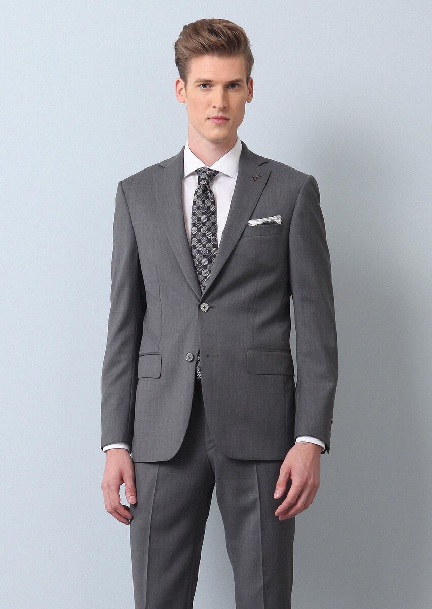 Grey Plain Modern Fit 100% Wool Suit - 2