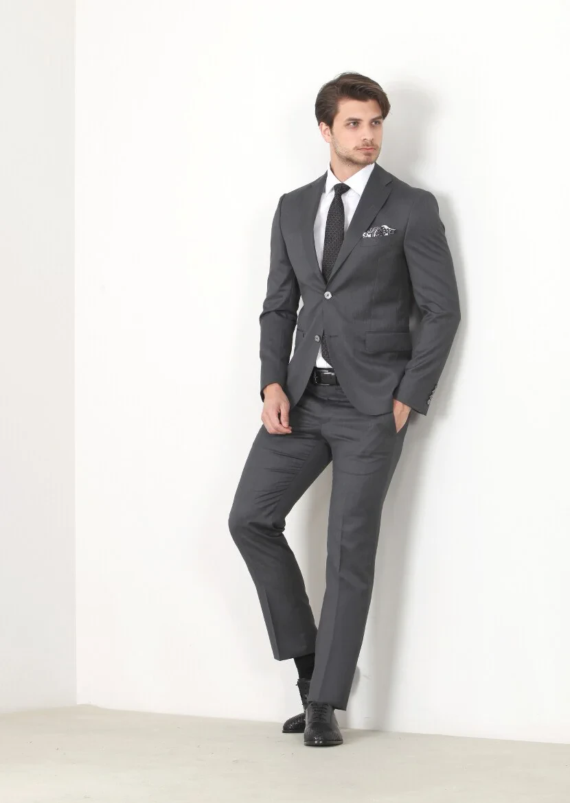 Grey Plain Modern Fit Wool Blended Suit - 2