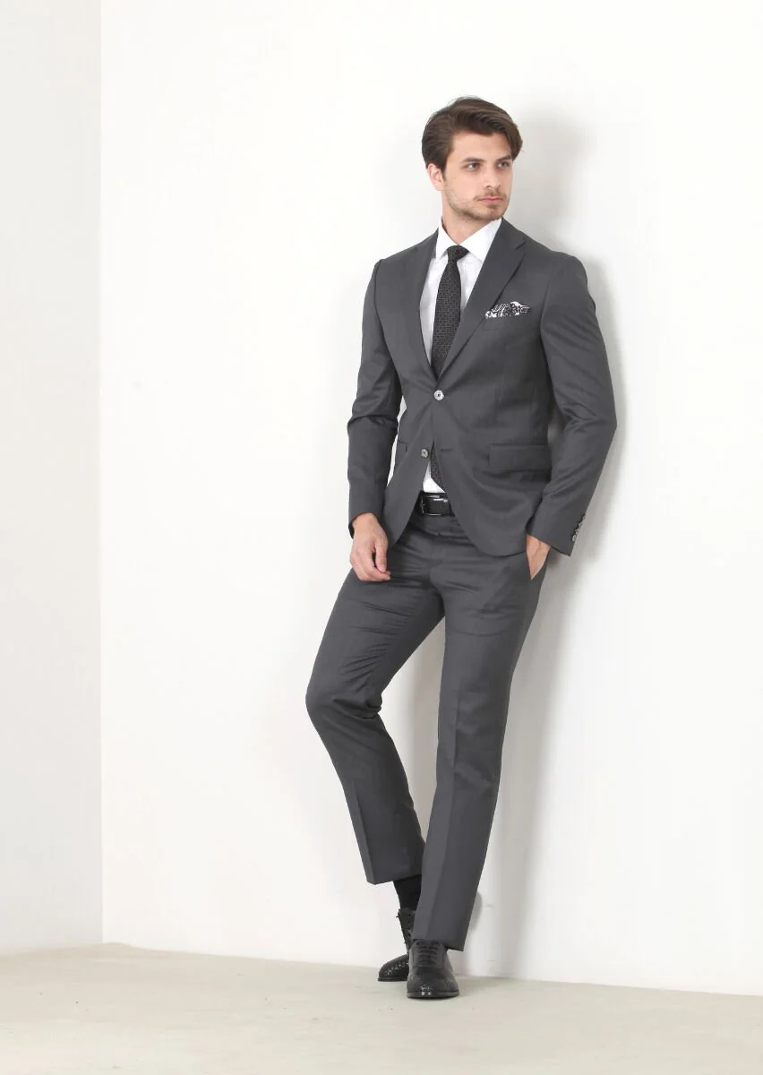 Grey Plain Modern Fit Wool Blended Suit - 2