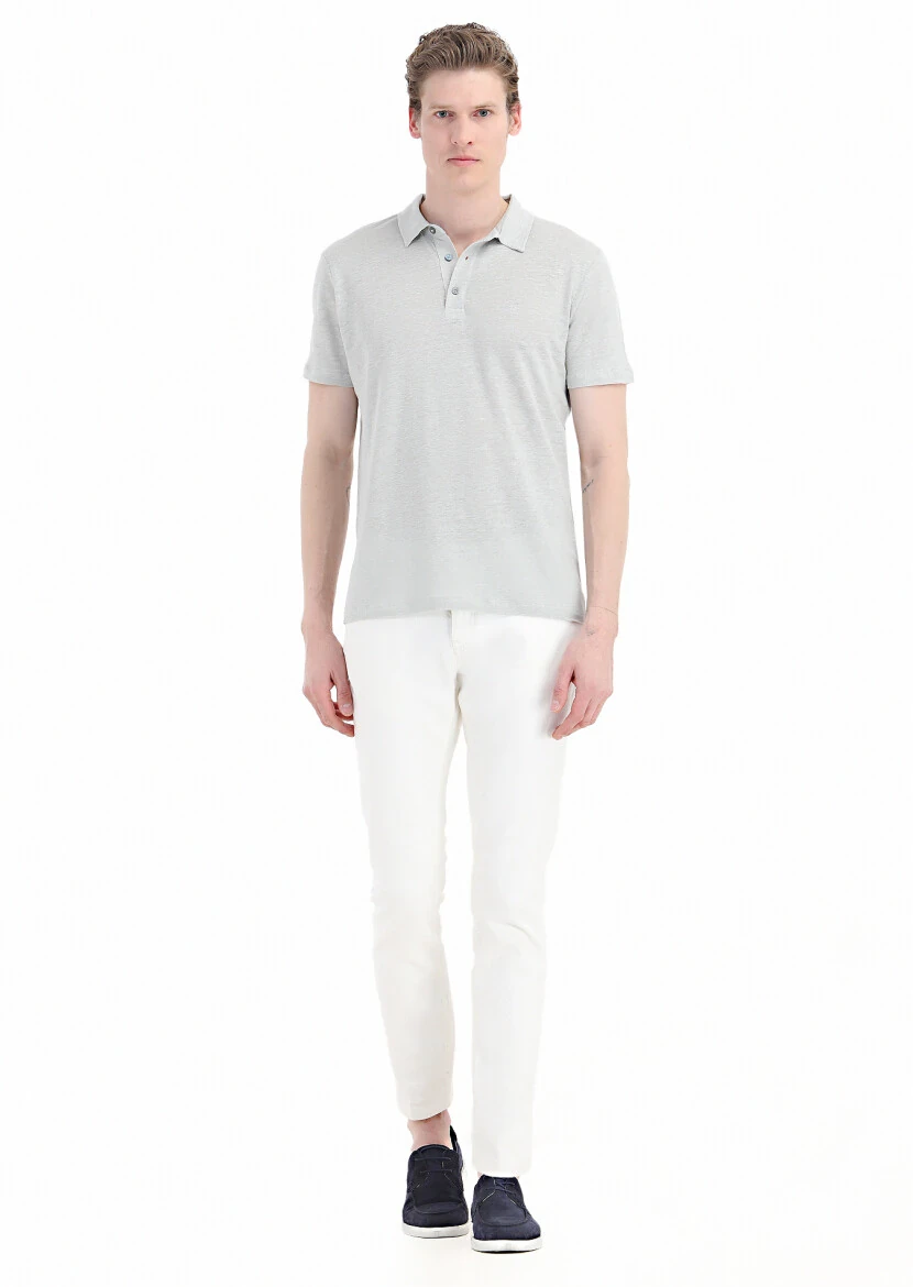 Grey Plain Polo Neck 100% Linen T-Shirt - 1