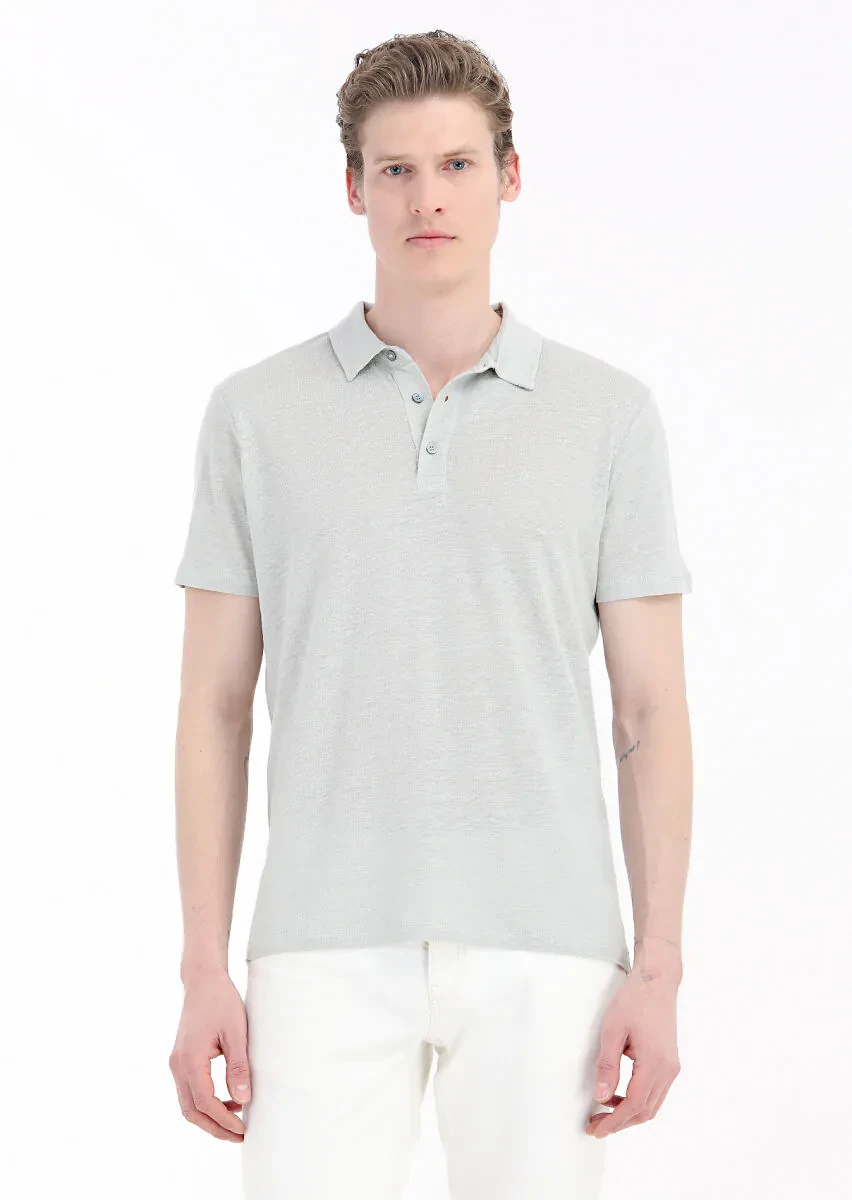 Grey Plain Polo Neck 100% Linen T-Shirt - 2