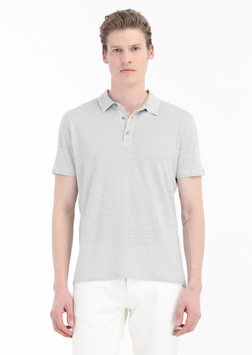 Grey Plain Polo Neck 100% Linen T-Shirt - 2