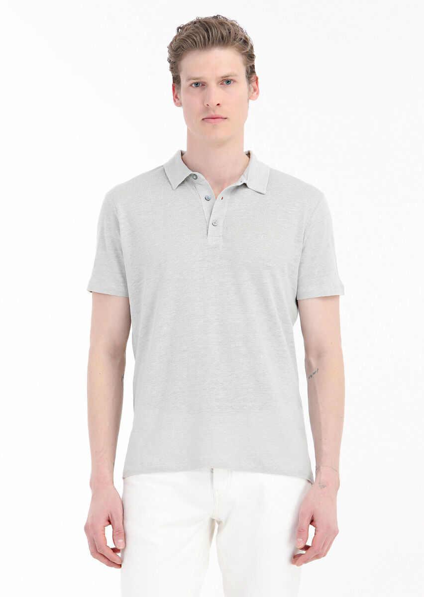 Grey Plain Polo Neck 100% Linen T-Shirt - 2