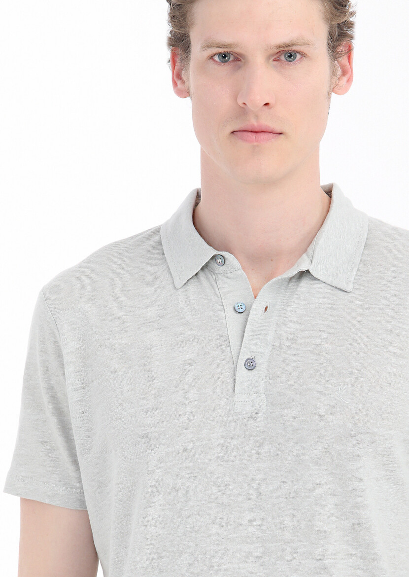 Grey Plain Polo Neck 100% Linen T-Shirt - 4