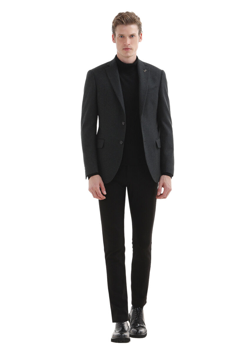 Grey Plain Regular Fit 100% Cashmire Jacket - 1