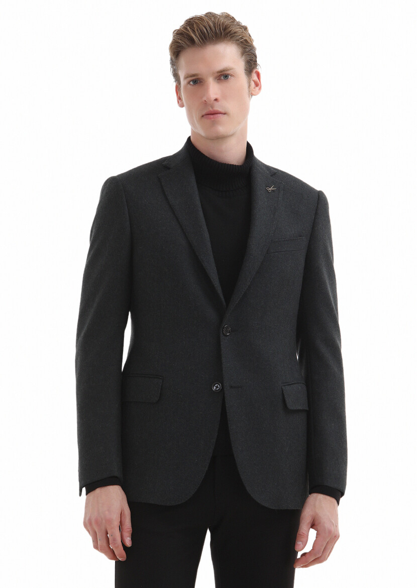 Grey Plain Regular Fit 100% Cashmire Jacket - 2