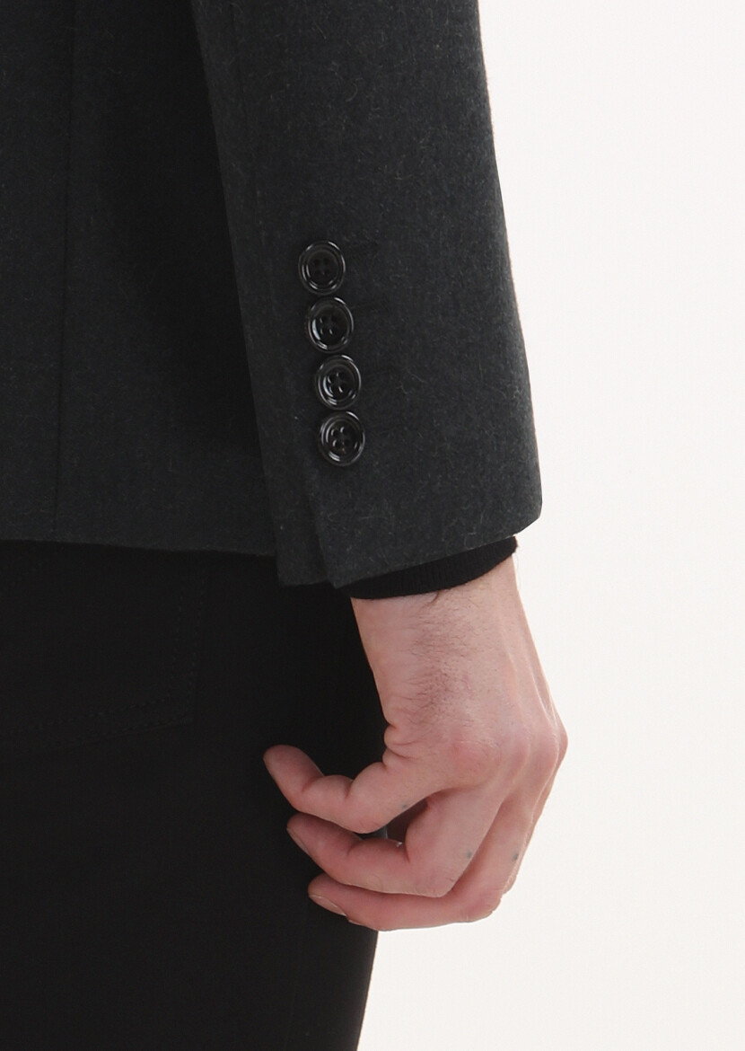 Grey Plain Regular Fit 100% Cashmire Jacket - 4