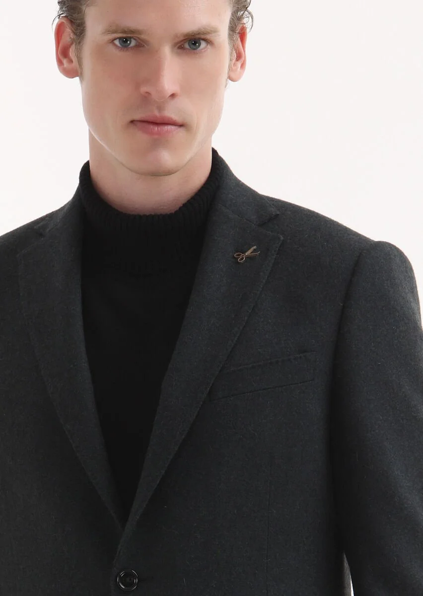 Grey Plain Regular Fit 100% Cashmire Jacket - 3