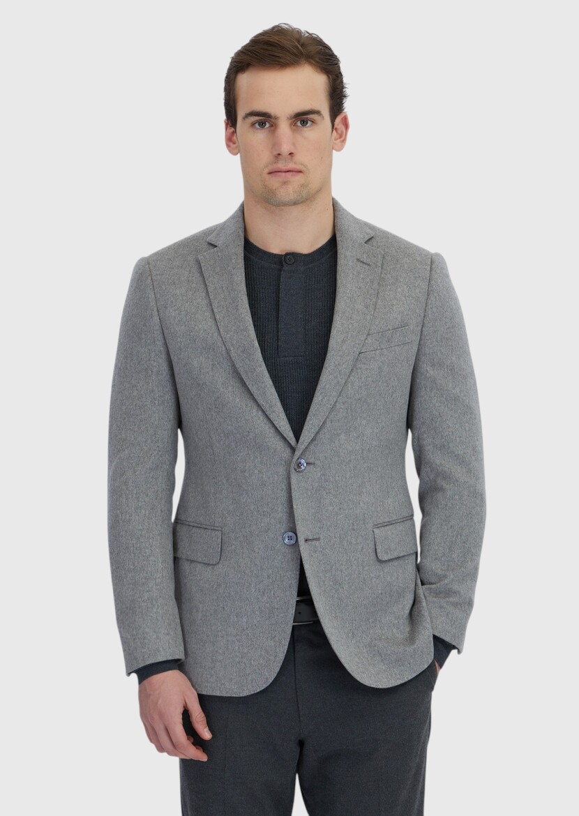 Grey Plain Regular Fit 100% Cashmire Jacket - RAMSEY