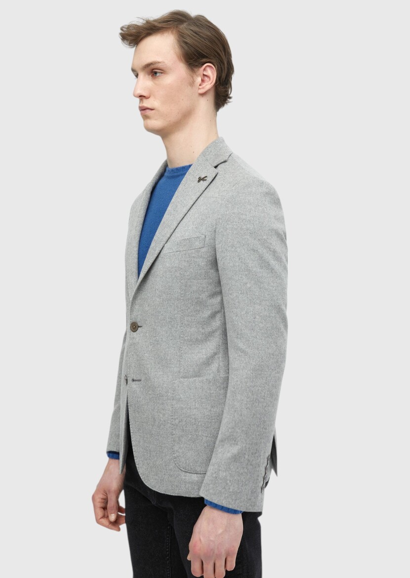 Grey Plain Regular Fit 100% Cashmire Jacket - 4