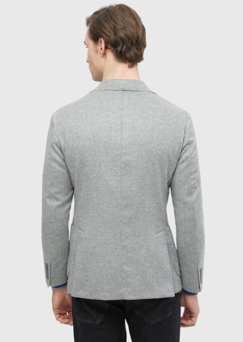 Grey Plain Regular Fit 100% Cashmire Jacket - 5