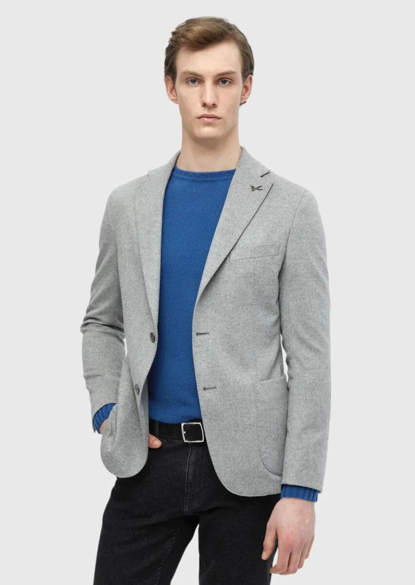 Grey Plain Regular Fit 100% Cashmire Jacket - 1
