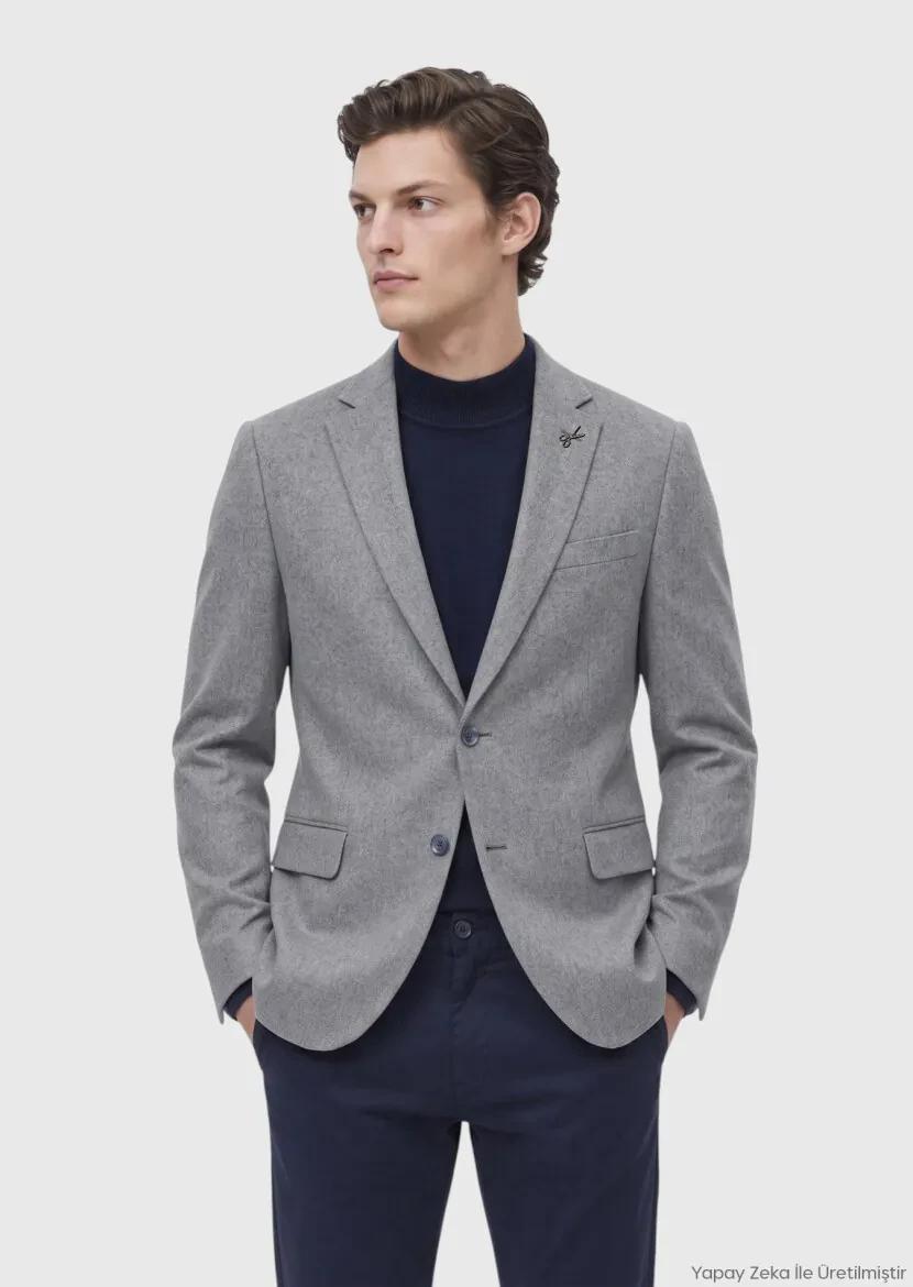 Grey Plain Regular Fit 100% Cashmire Jacket - RAMSEY
