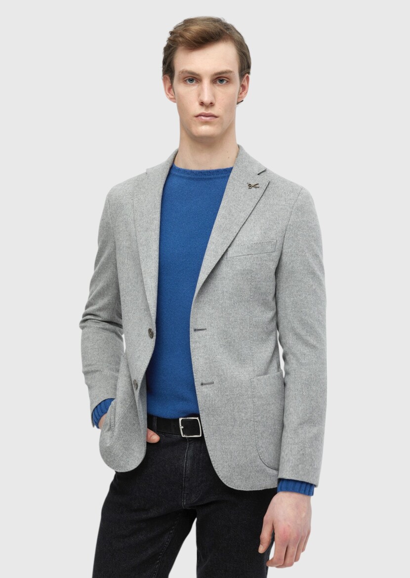 Grey Plain Regular Fit 100% Cashmire Jacket - 1