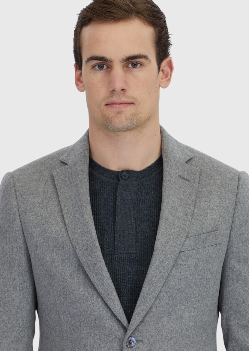 Grey Plain Regular Fit 100% Cashmire Jacket - 4