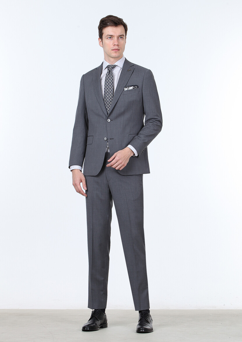 Grey Plain Regular Fit 100% Wool Suit - 1