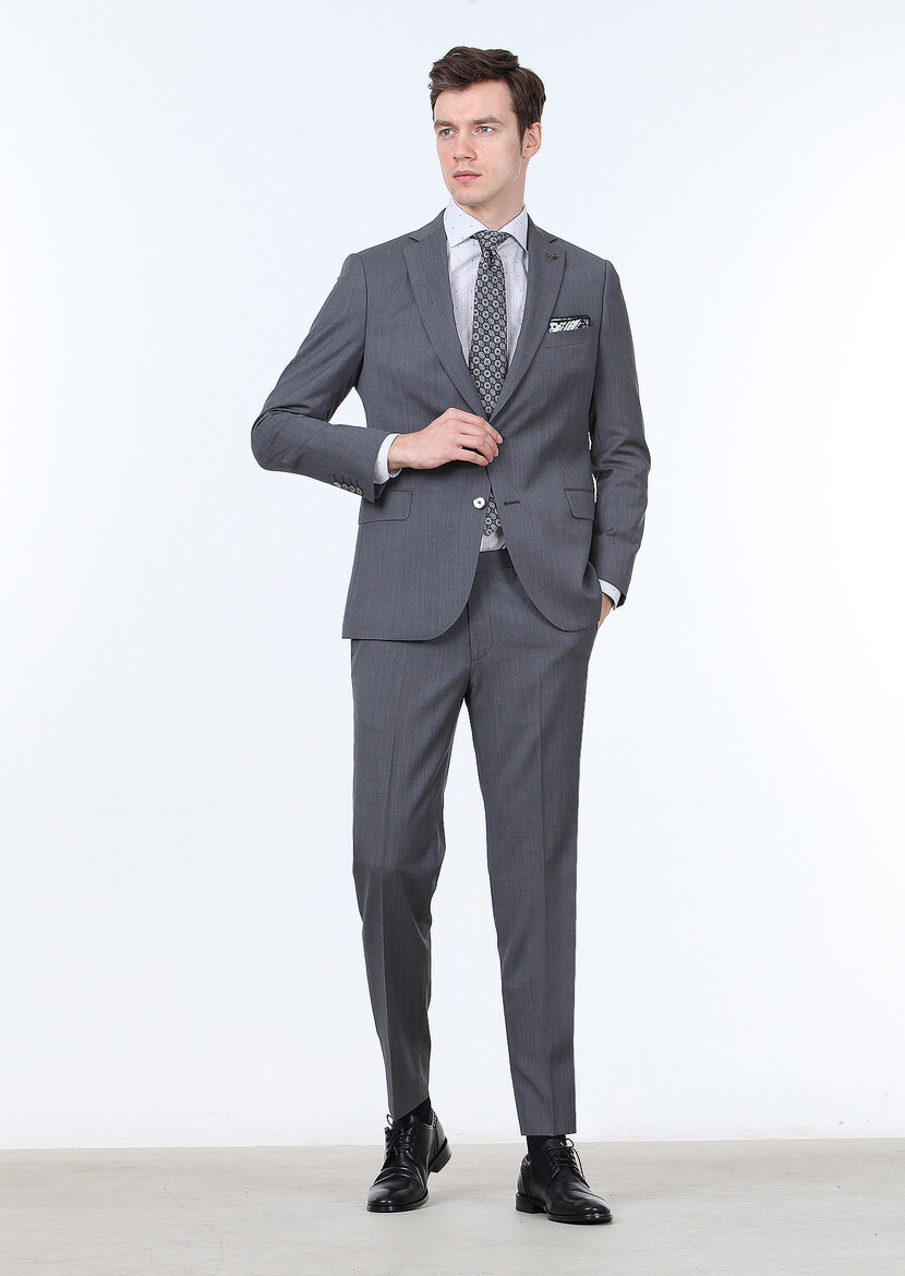 Grey Plain Regular Fit 100% Wool Suit - 3