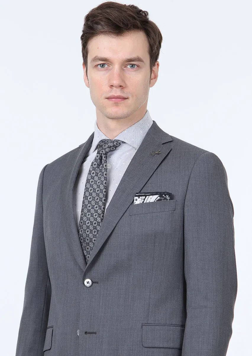 Grey Plain Regular Fit 100% Wool Suit - 2