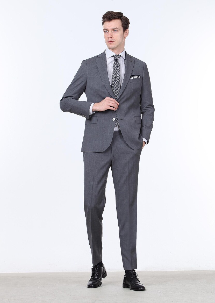 Grey Plain Regular Fit 100% Wool Suit - 1