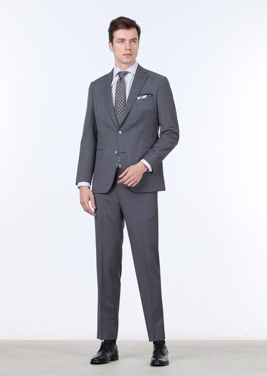 Grey Plain Regular Fit 100% Wool Suit - 3