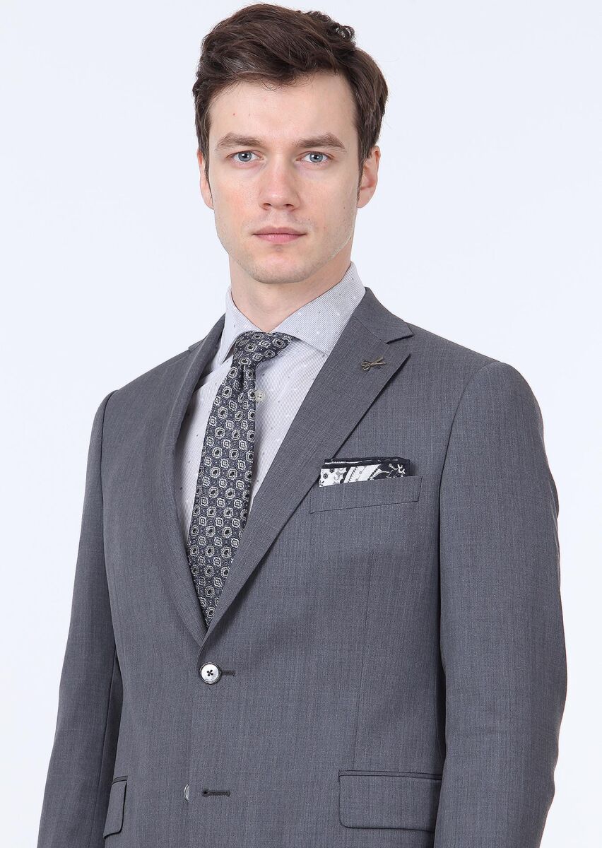 Grey Plain Regular Fit 100% Wool Suit - 1