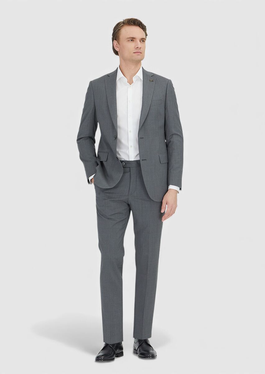 Grey Plain Regular Fit 100% Wool Suit - 1