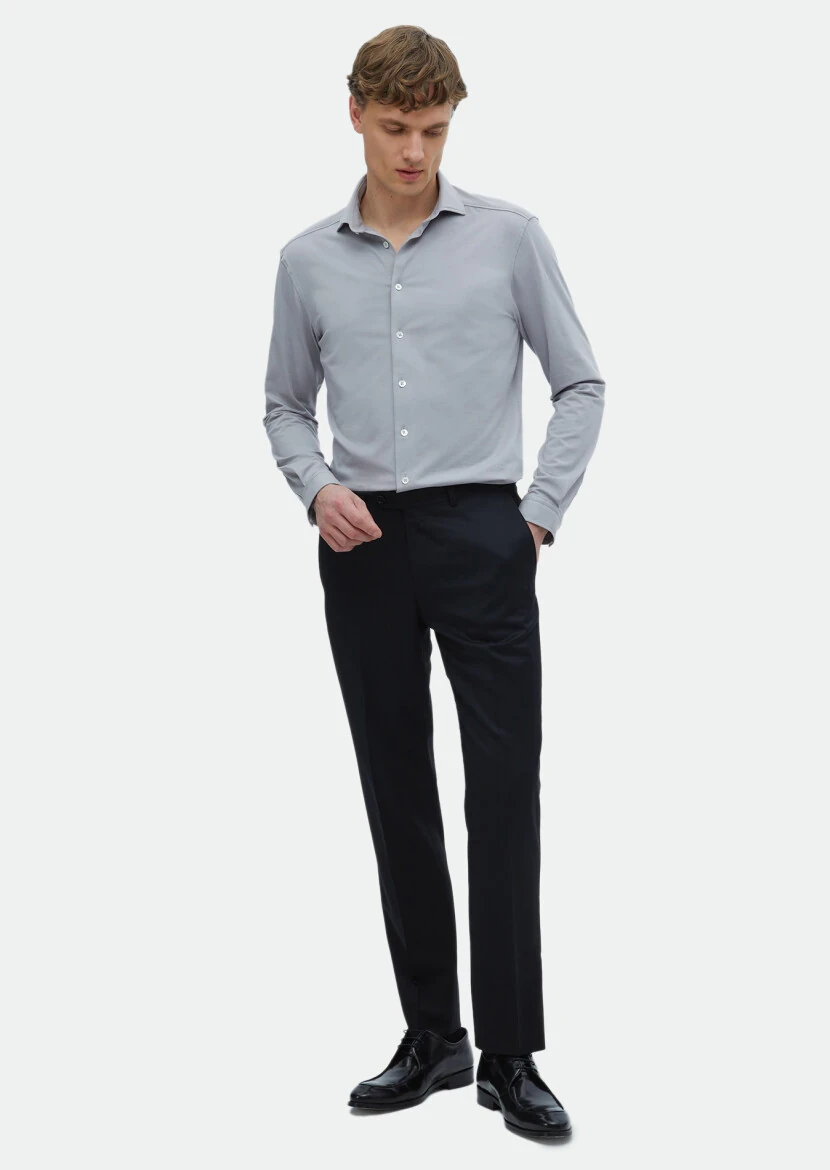 Grey Plain Regular Fit Knitting Casual Cotton Blended Shirt 