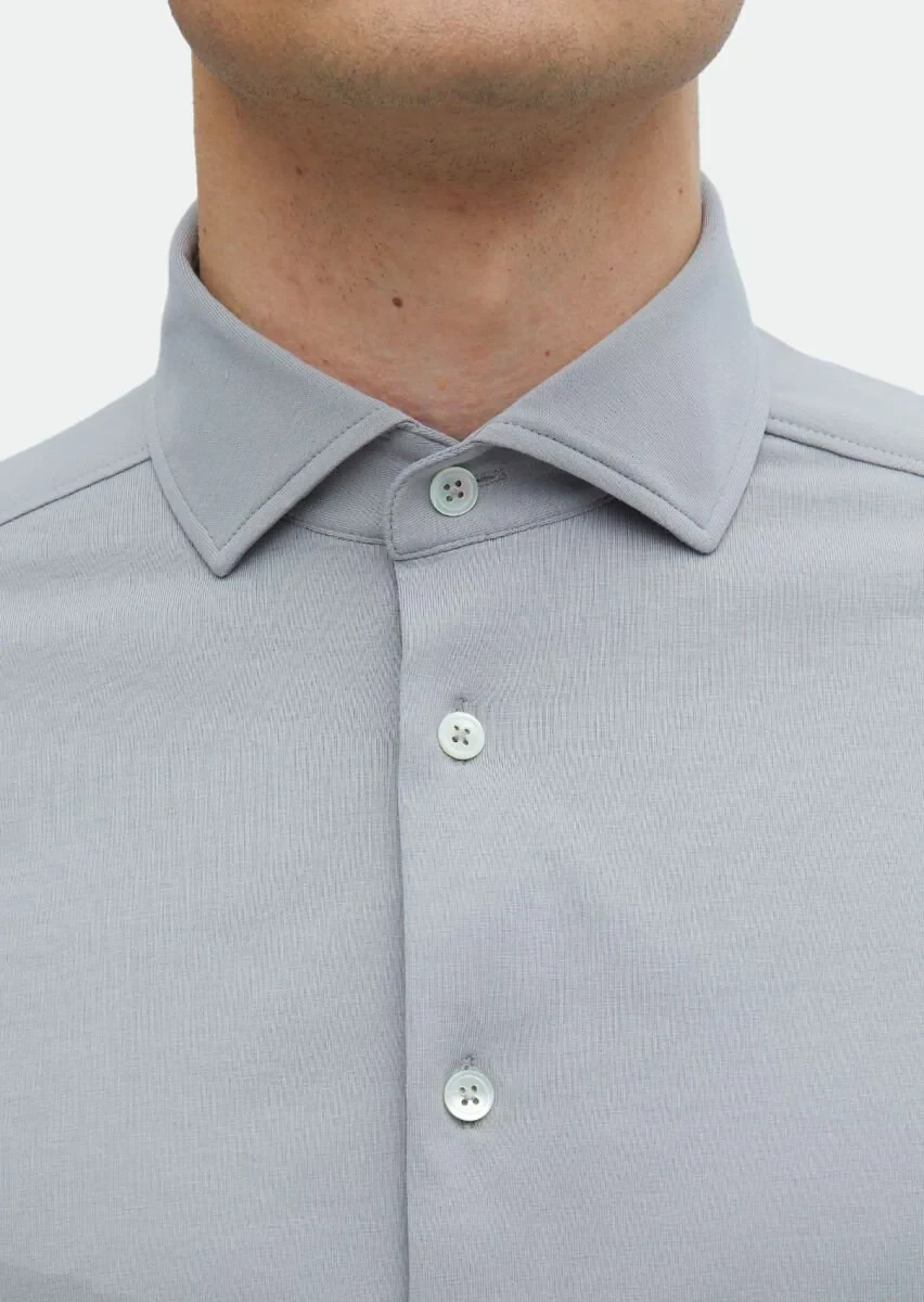 Grey Plain Regular Fit Knitting Casual Cotton Blended Shirt - 5
