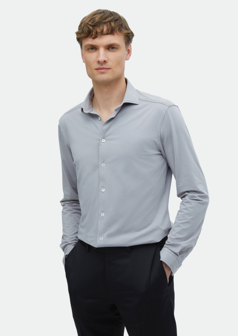 Grey Plain Regular Fit Long Knitting Casual Cotton Blended Shirt - 1