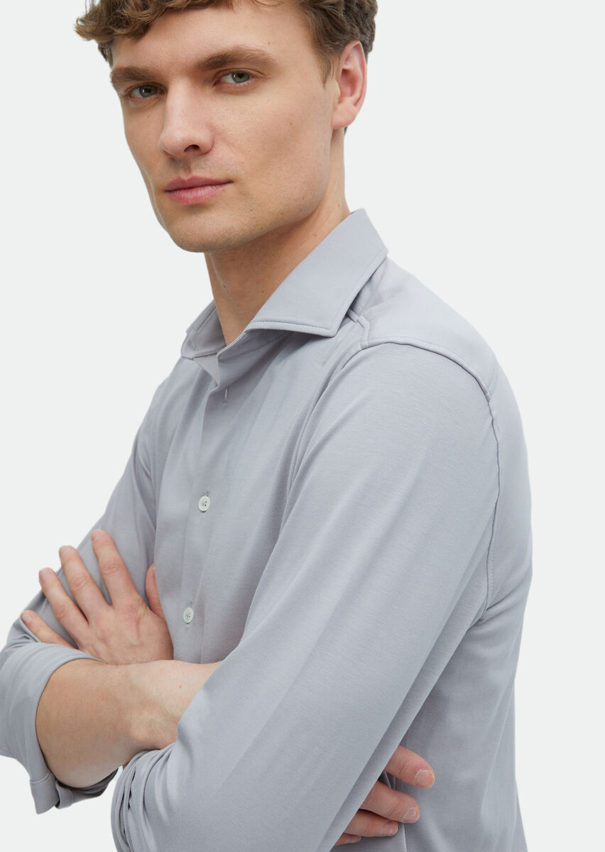 Grey Plain Regular Fit Long Knitting Casual Cotton Blended Shirt - 4