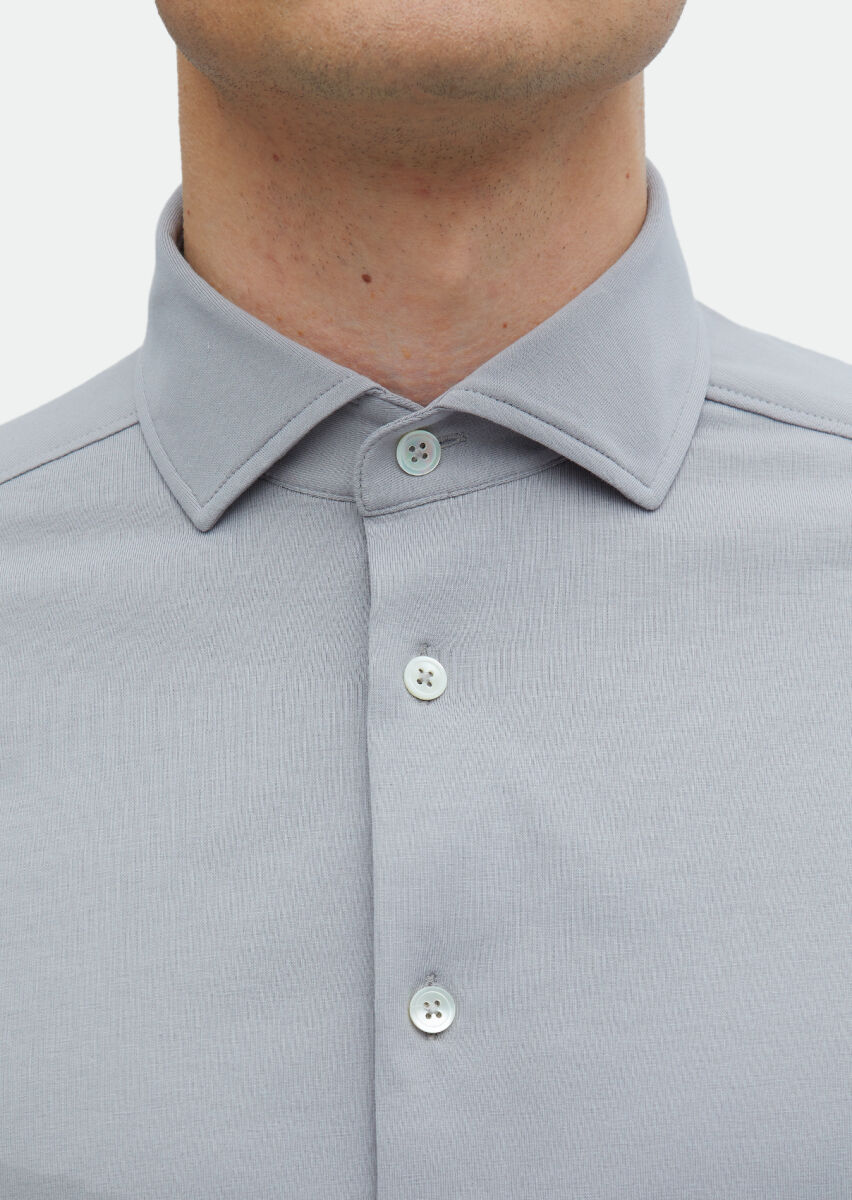 Grey Plain Regular Fit Long Knitting Casual Cotton Blended Shirt - 5